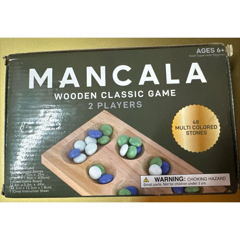 Wooden Classic Folding MANCALA Board Game with Glass 48 Stones. NEW OPEN BOX